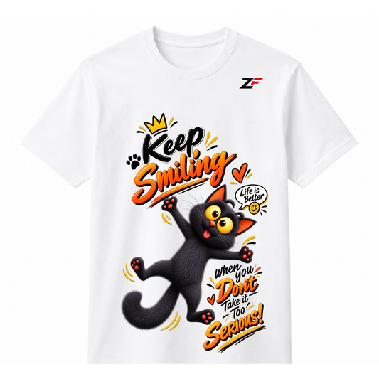 Keep Smiling Cat Graphic T-Shirt – Life Is Better Fun Printed Tee