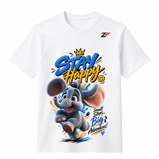 Stay Happy Elephant T-Shirt – Cute Motivational Graphic Tee