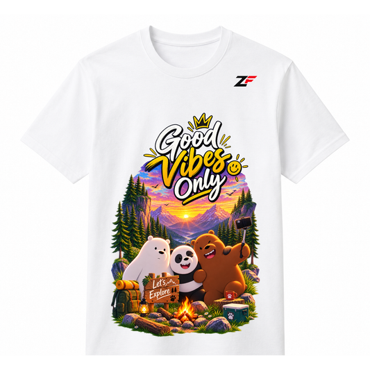 Good Vibes Only T-Shirt | Cute Bear Adventure Graphic White & Black Tee
