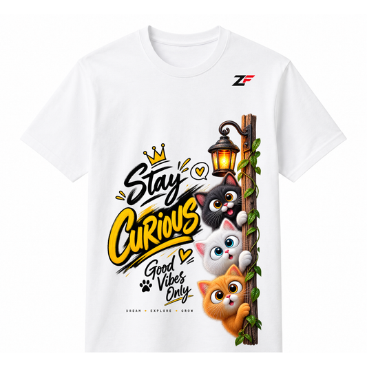 Stay Curious Cat Graphic T-Shirt – Good Vibes Only Cute Cat Tee