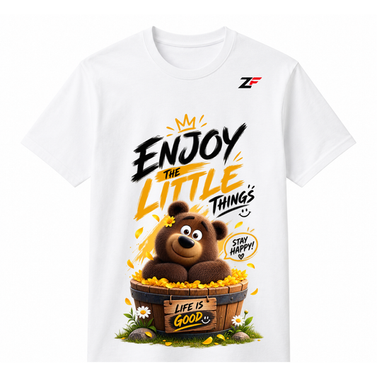 Enjoy the Little Things Bear T-Shirt | Cute Positive Quote Graphic Printed White Tee