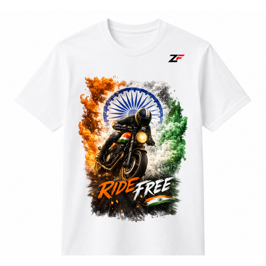 Ride Free India T-Shirt | Patriotic Motorcycle & Ashoka Chakra Graphic Tees