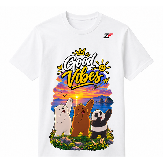Good Vibes Bear T-Shirt | Cute Panda & Bear Sunset Graphic Printed Tee