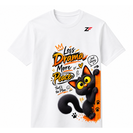 Less Drama More Peace Cat Graphic T-Shirt – Funny Positive Vibe Printed Tee