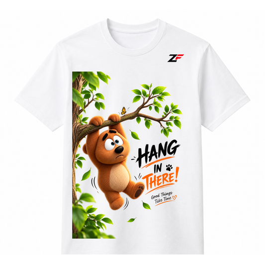 Hang in There Bear T-Shirt | Cute Motivational Bear Tree Graphic Printed White Tee