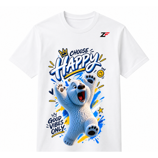 Choose Happy Bear T-Shirt | Good Vibes Only Polar Bear Graphic Printed White Tee