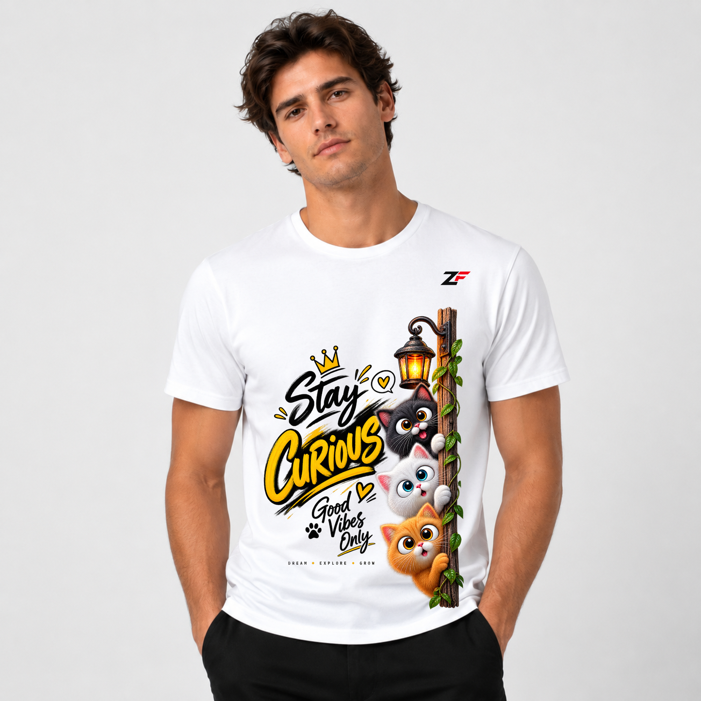 Stay Curious Cat Graphic T-Shirt – Good Vibes Only Cute Cat Tee