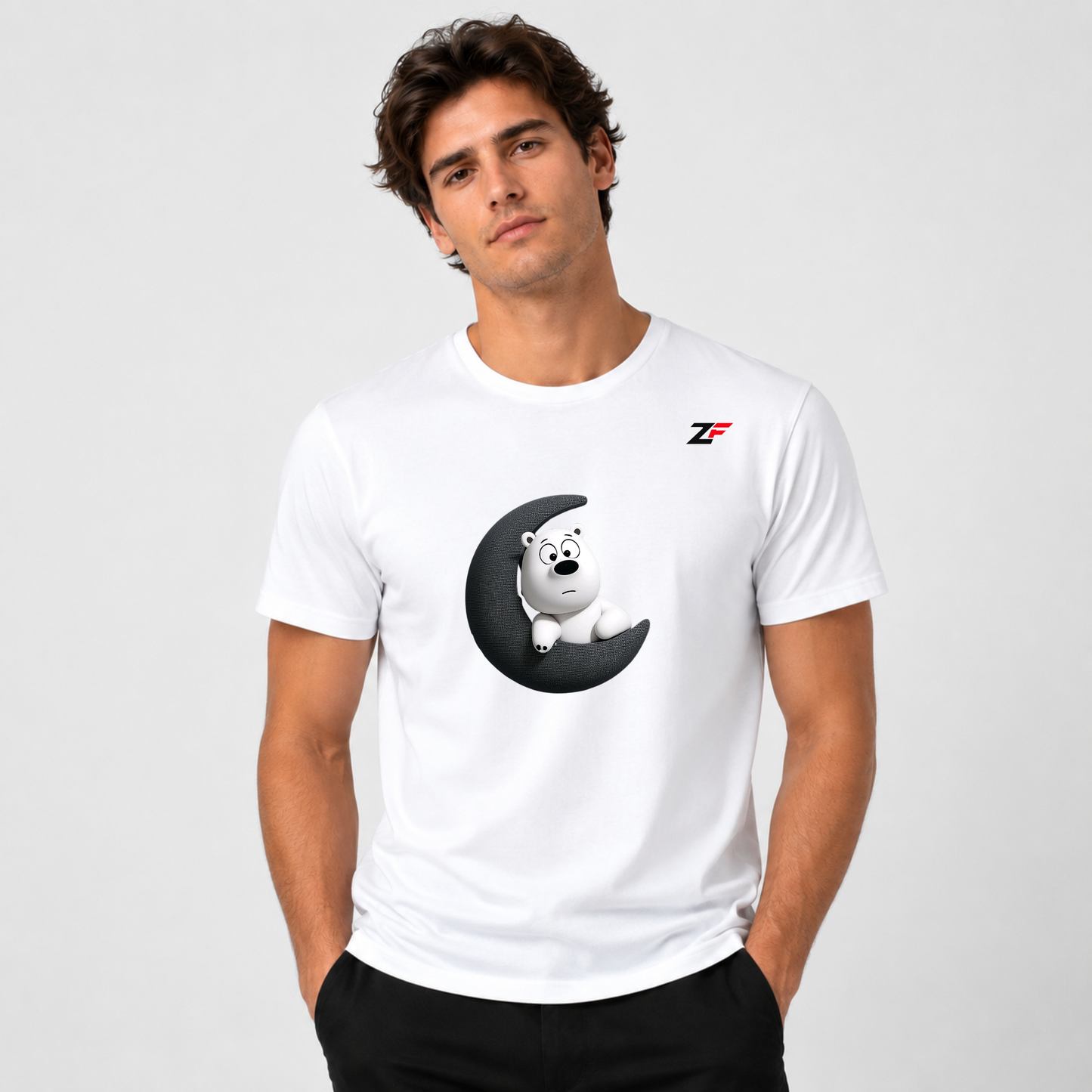 Moon Bear T-Shirt | Cute Polar Bear Crescent Moon Graphic White Tee