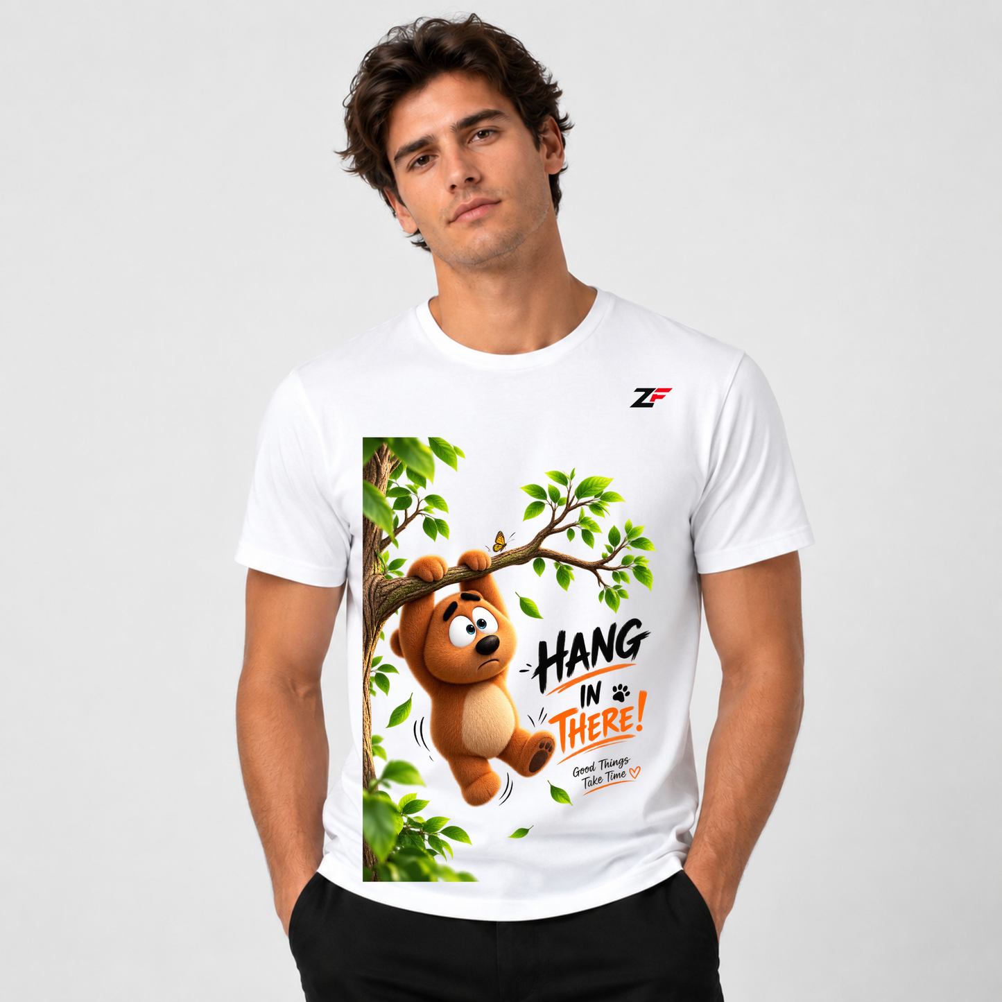 Hang in There Bear T-Shirt | Cute Motivational Bear Tree Graphic Printed White Tee