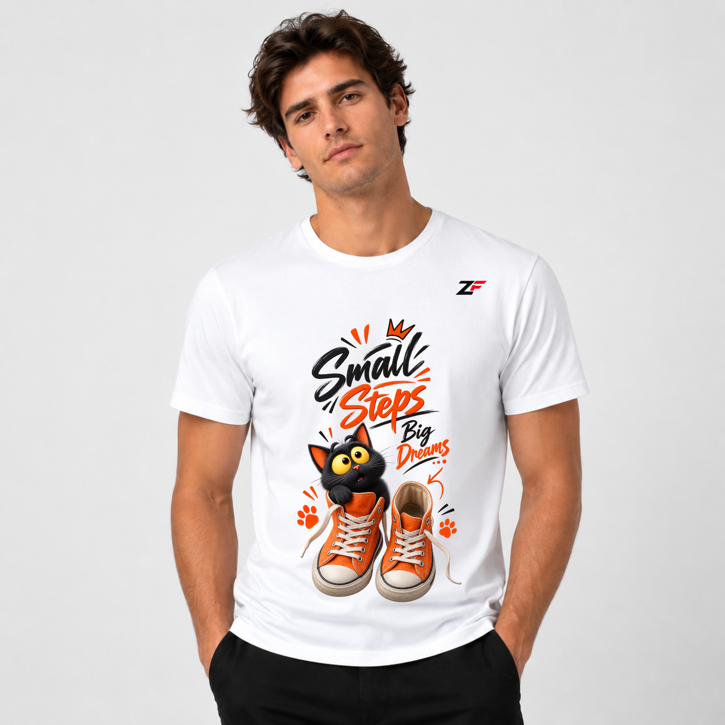 Small Steps Big Dreams Cat Graphic T-Shirt – Cute Motivational Printed Tee