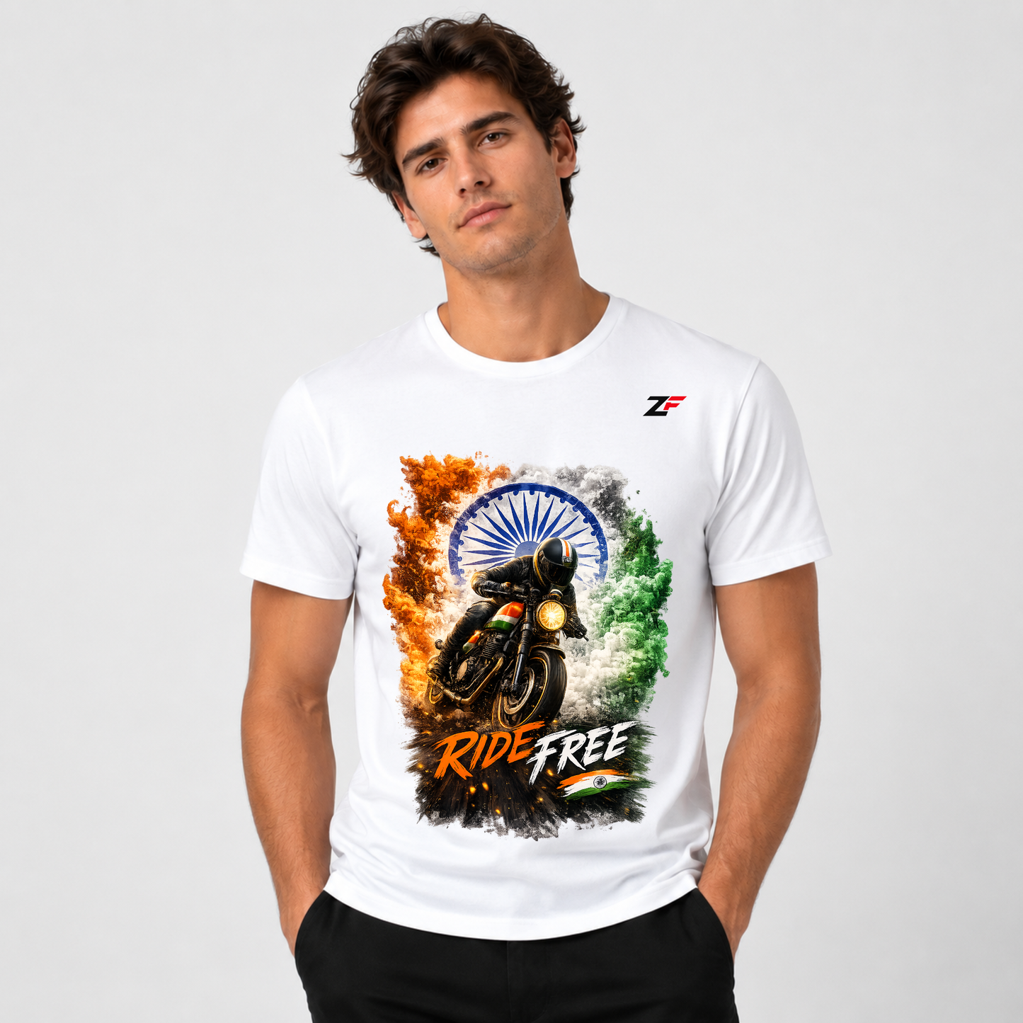 Ride Free India T-Shirt | Patriotic Motorcycle & Ashoka Chakra Graphic Tees