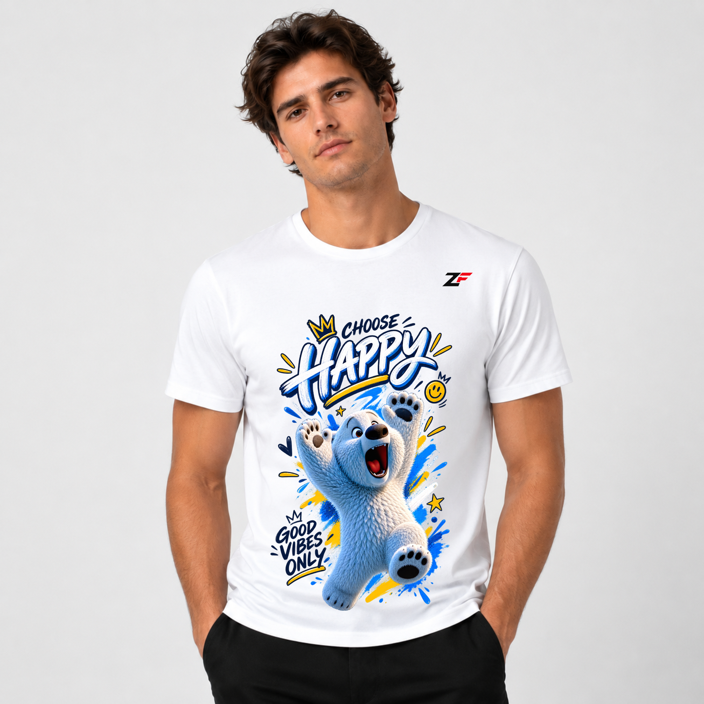 Choose Happy Bear T-Shirt | Good Vibes Only Polar Bear Graphic Printed White Tee