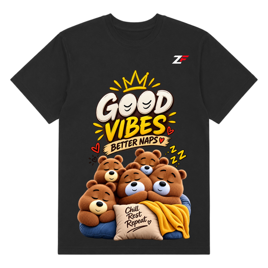 Good Vibes Better Naps T-Shirt | Cute Sleeping Bear Graphic Printed Black Tee