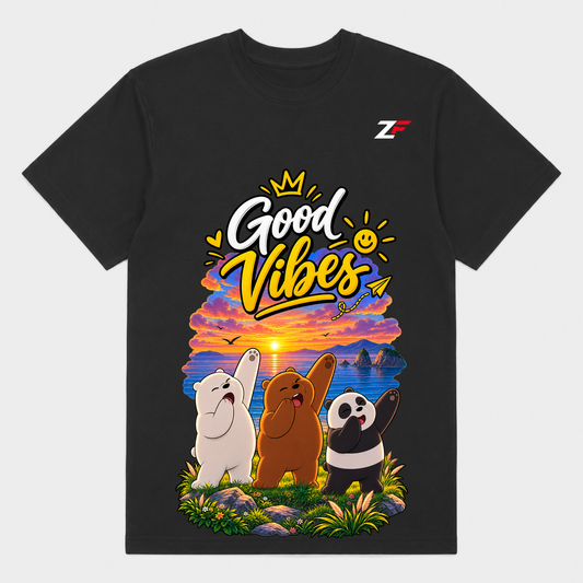 Good Vibes Bear T-Shirt | Cute Panda & Bear Sunset Graphic Printed Tee