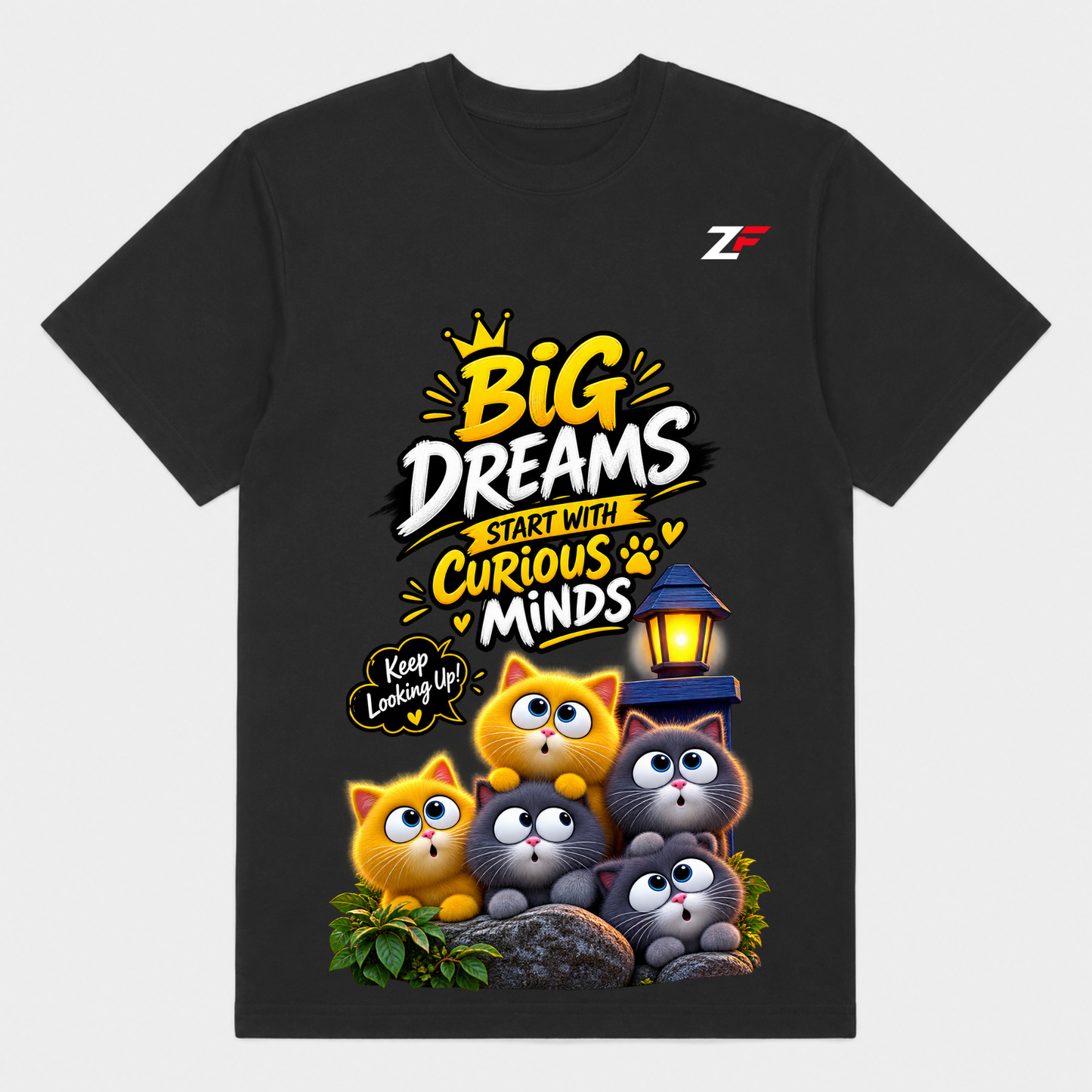 Big Dreams Cat Graphic T-Shirt – Curious Minds Inspirational Printed Tee