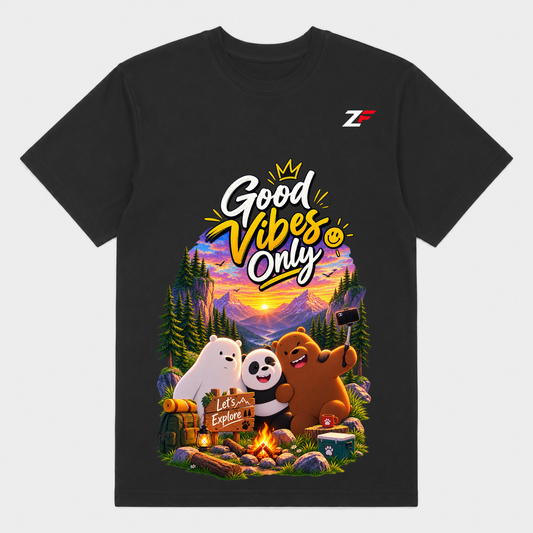 Good Vibes Only T-Shirt | Cute Bear Adventure Graphic White & Black Tee