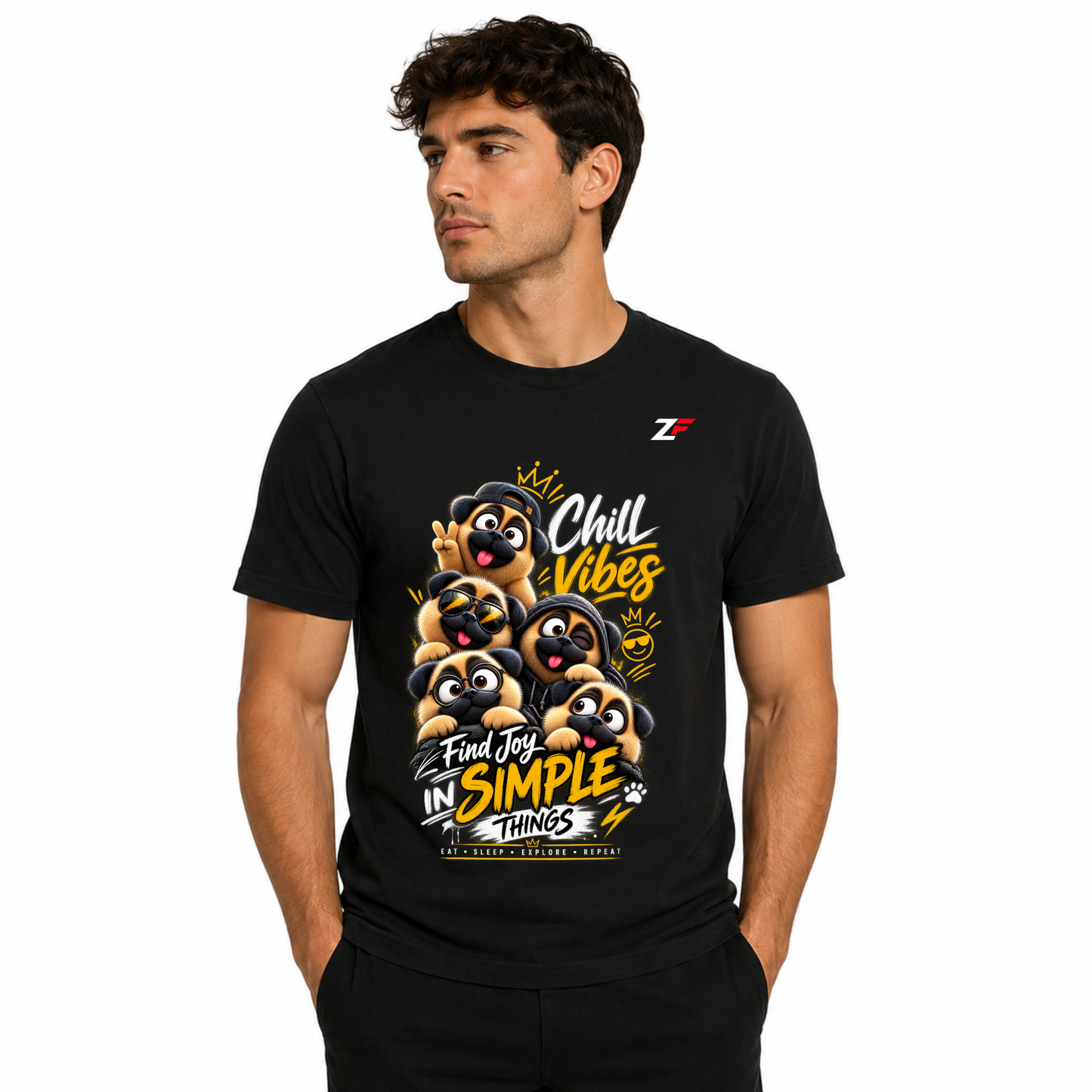 Chill Vibes Pug Graphic T-Shirt – Find Joy in Simple Things Printed Tee