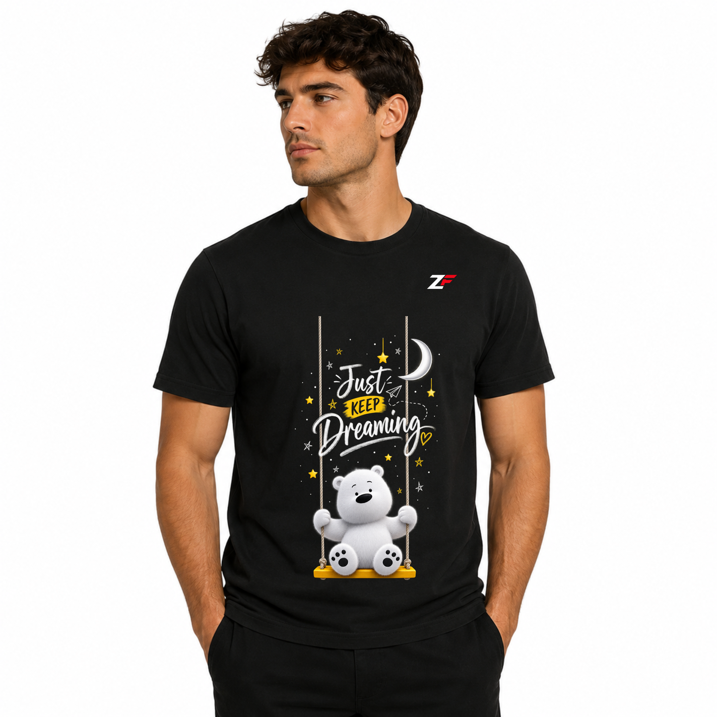 Just Keep Dreaming Bear T-Shirt | Cute Motivational Graphic Printed Black Tee