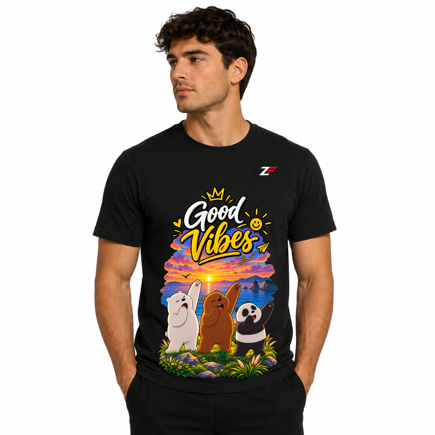 Good Vibes Bear T-Shirt | Cute Panda & Bear Sunset Graphic Printed Tee