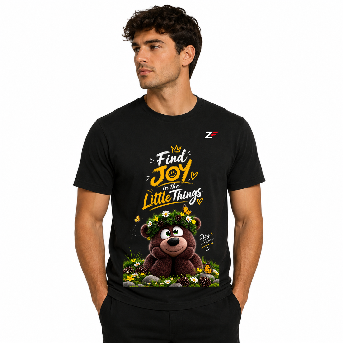 Find Joy in the Little Things Bear T-Shirt | Cute Inspirational Graphic Printed Black Tee
