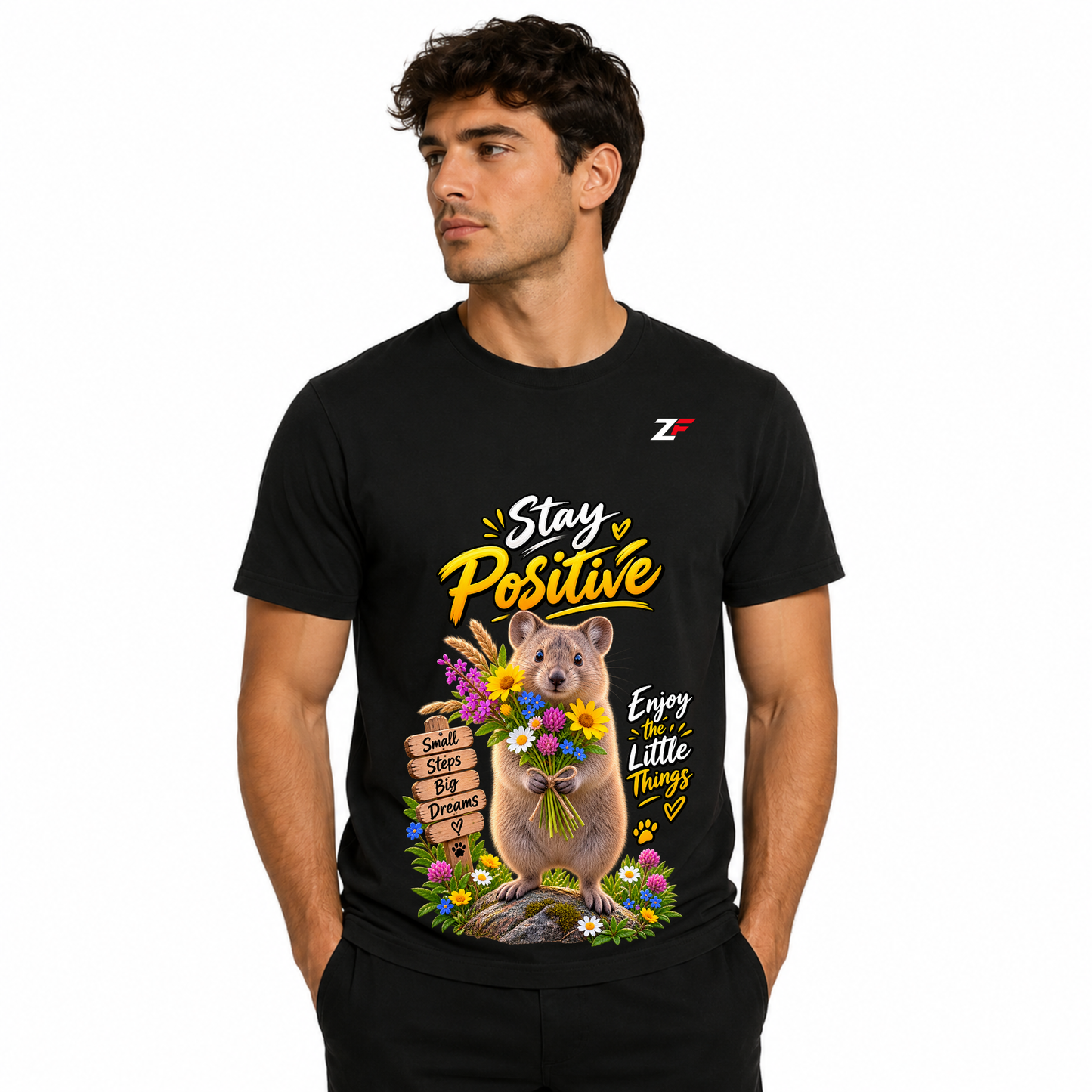 Stay Positive Quokka T-Shirt – Cute Floral Animal Graphic Tee