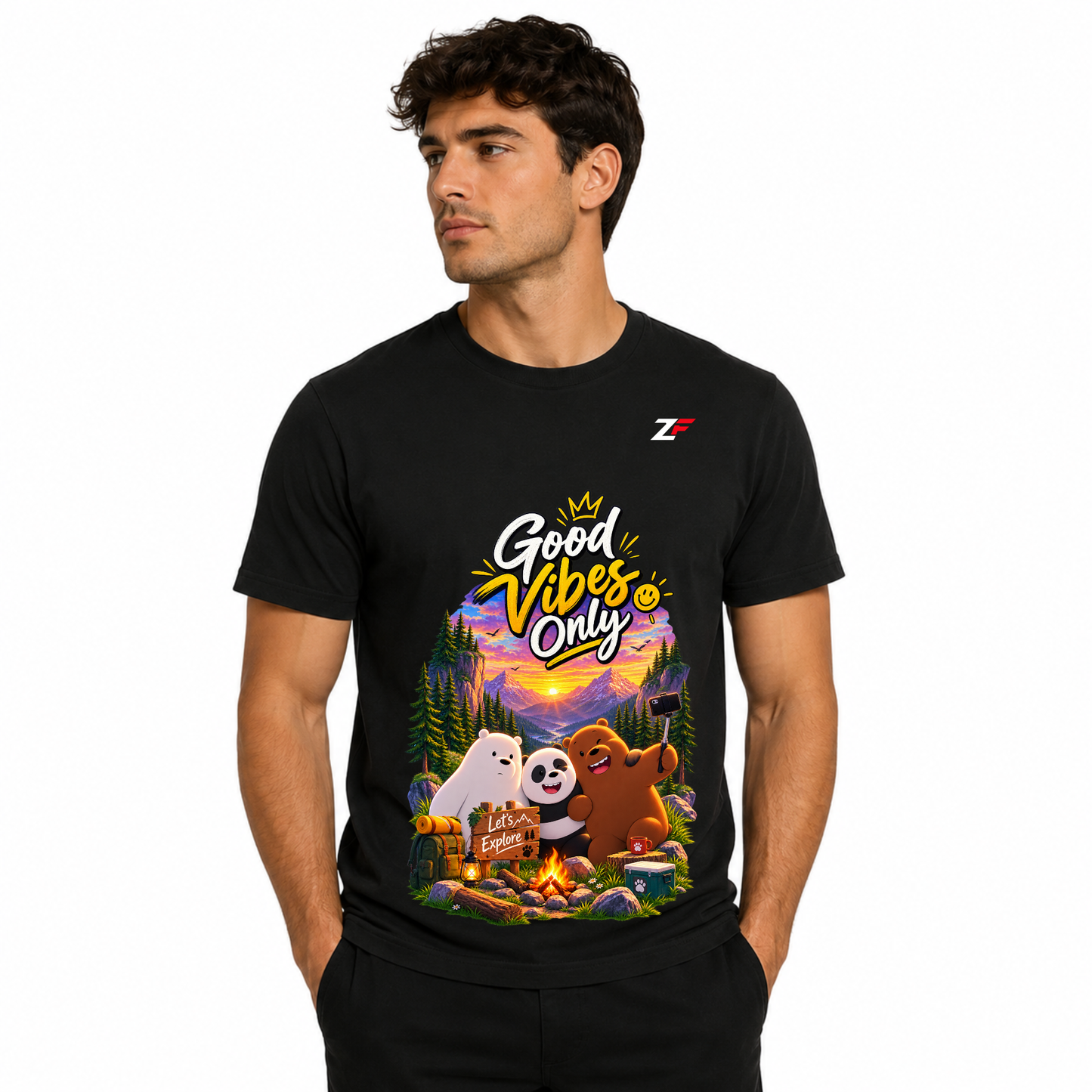 Good Vibes Only T-Shirt | Cute Bear Adventure Graphic White & Black Tee