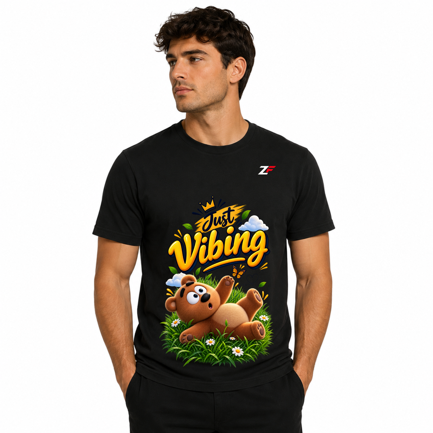 Just Vibing Bear T-Shirt | Cute Relaxing Bear Graphic Black Tee