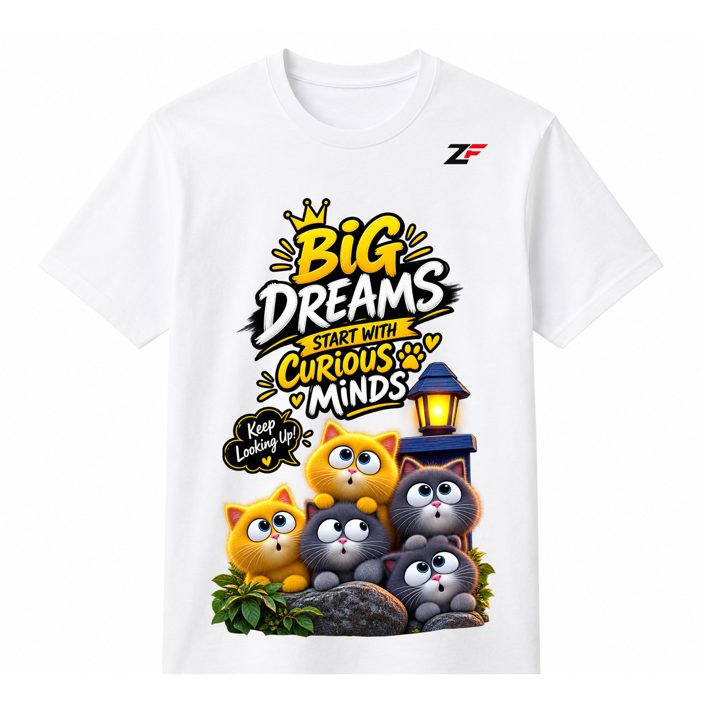 Big Dreams Cat Graphic T-Shirt – Curious Minds Inspirational Printed Tee