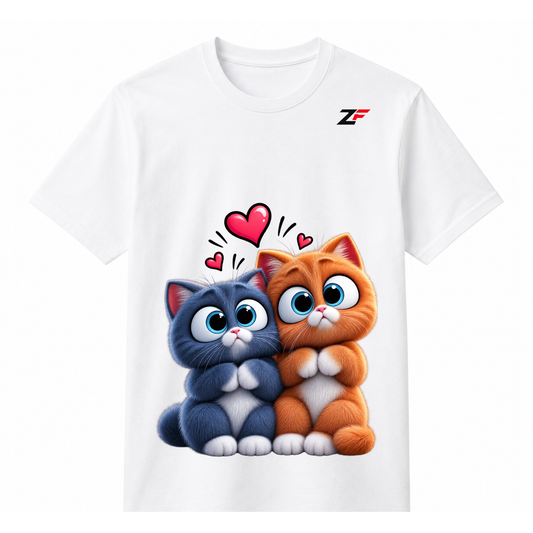 Cute Cat Love Graphic T-Shirt – Adorable Couple Cats Printed Tee
