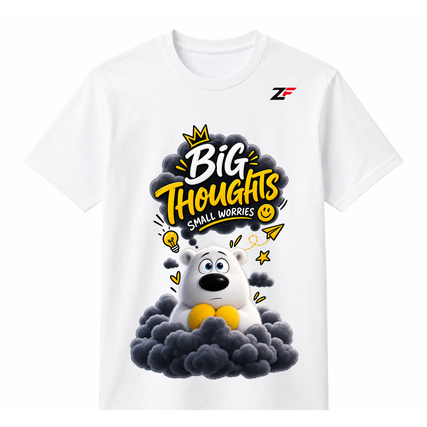 Big Thoughts Small Worries T-Shirt | Cute Bear Graphic White Tee