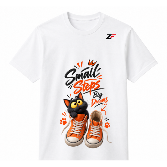 Small Steps Big Dreams Cat Graphic T-Shirt – Cute Motivational Printed Tee