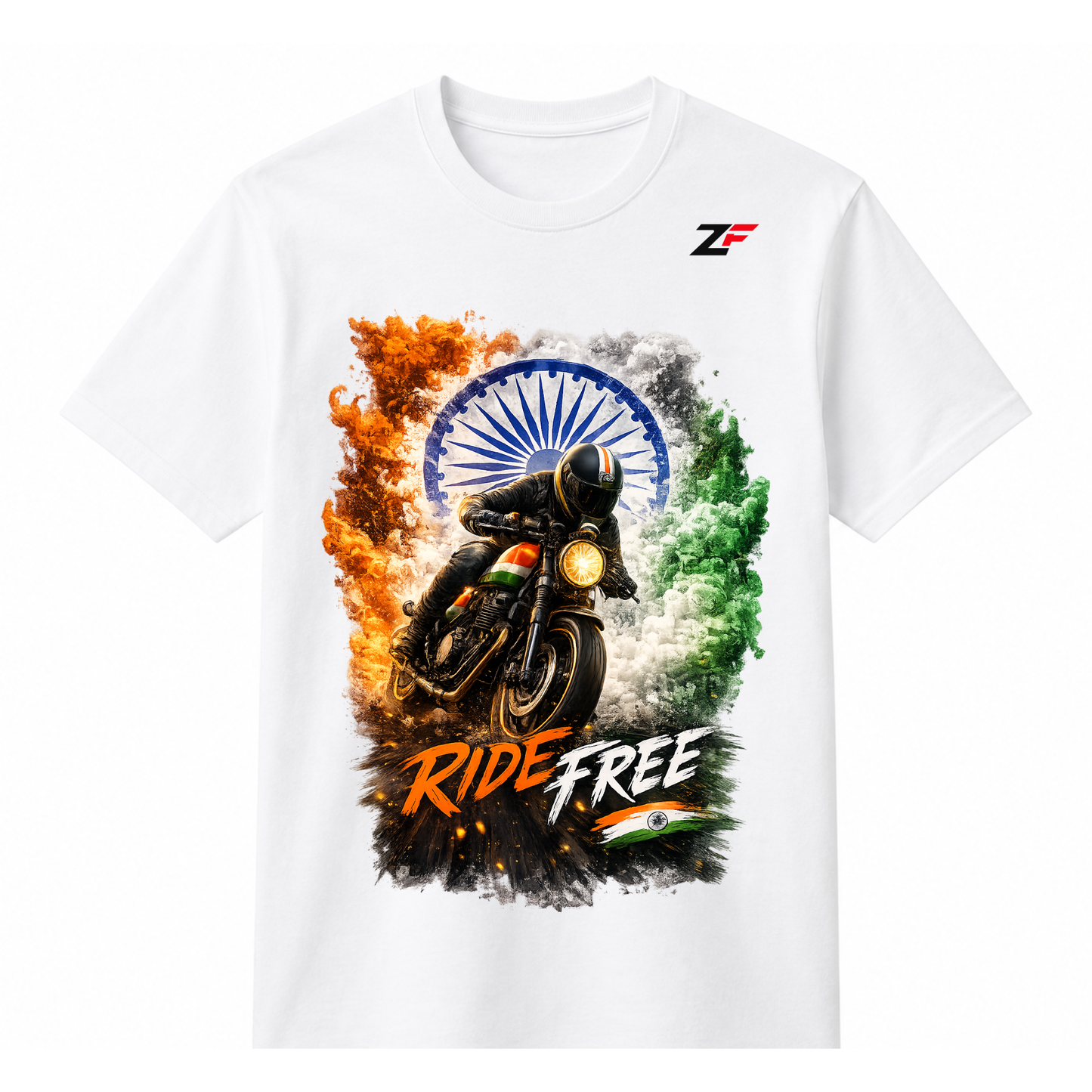 Ride Free India T-Shirt | Patriotic Motorcycle & Ashoka Chakra Graphic Tees