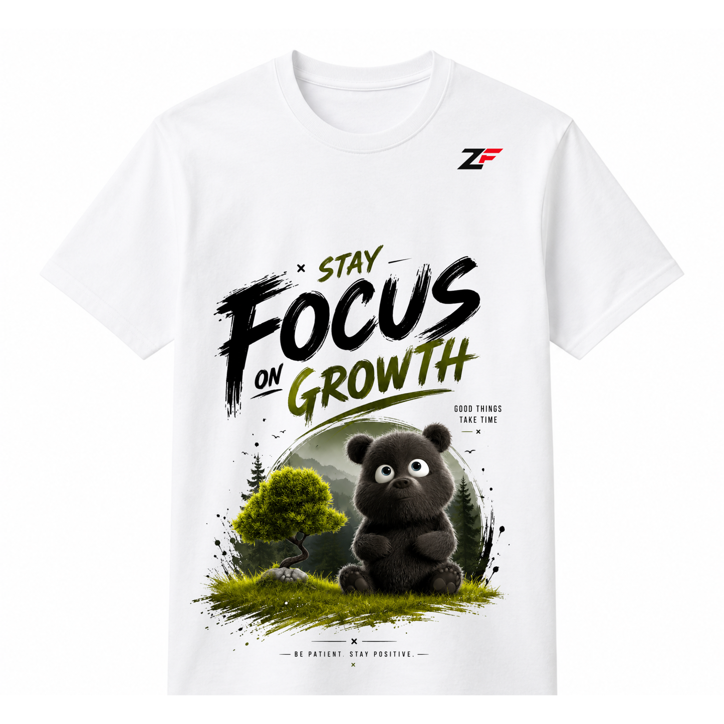 Stay Focus on Growth T-Shirt | Motivational Bear Graphic White Tee