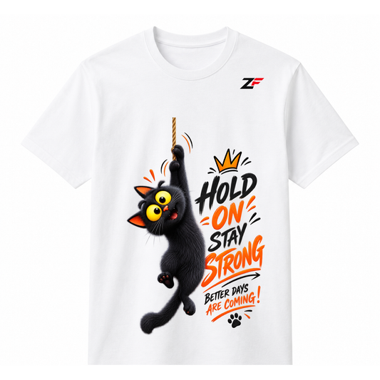 Hold On Stay Strong Cat Graphic T-Shirt – Motivational Printed Tee