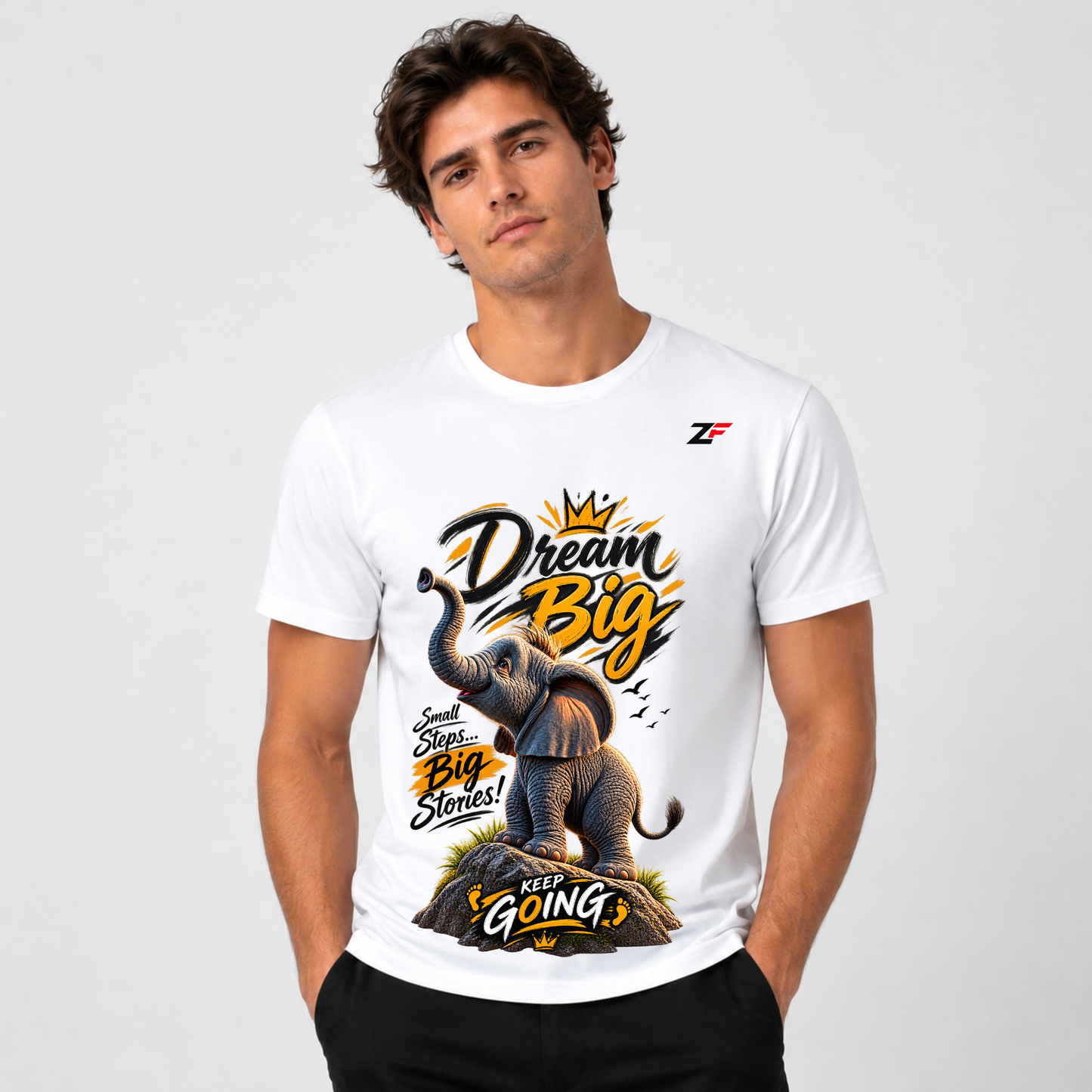Dream Big Elephant Graphic T-Shirt – Small Steps Big Stories Motivational Tee