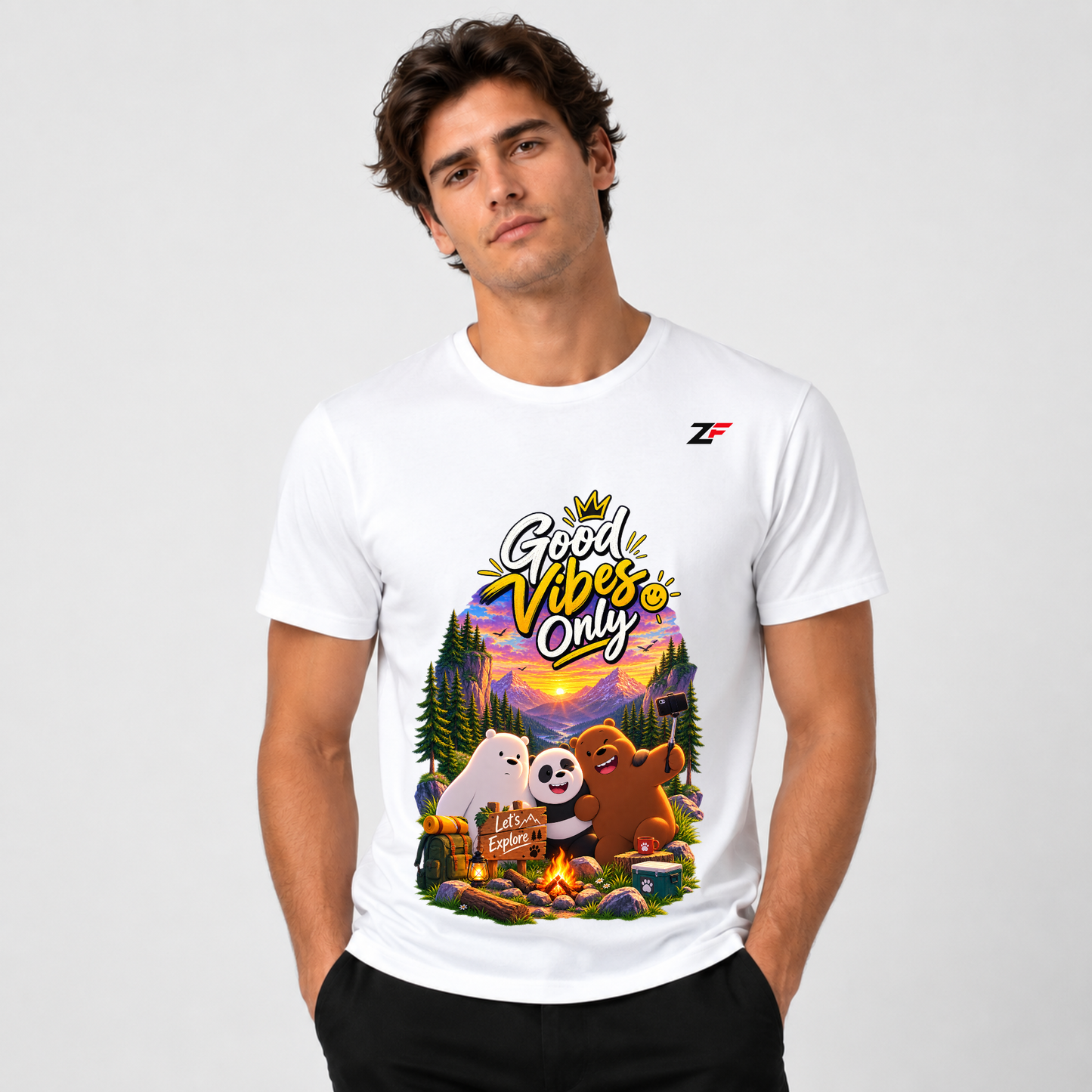 Good Vibes Only T-Shirt | Cute Bear Adventure Graphic White & Black Tee