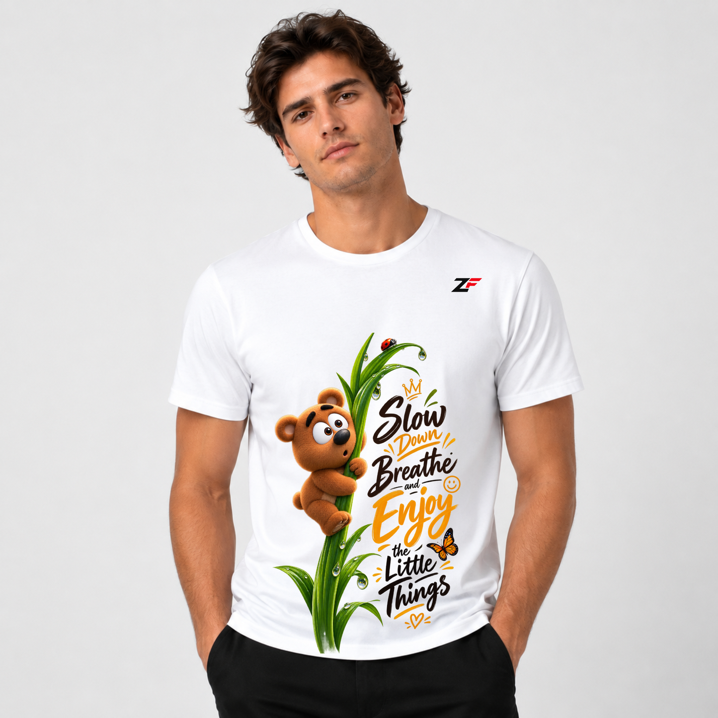 Slow Down Breathe T-Shirt | Enjoy the Little Things Bear Graphic Printed White Tee
