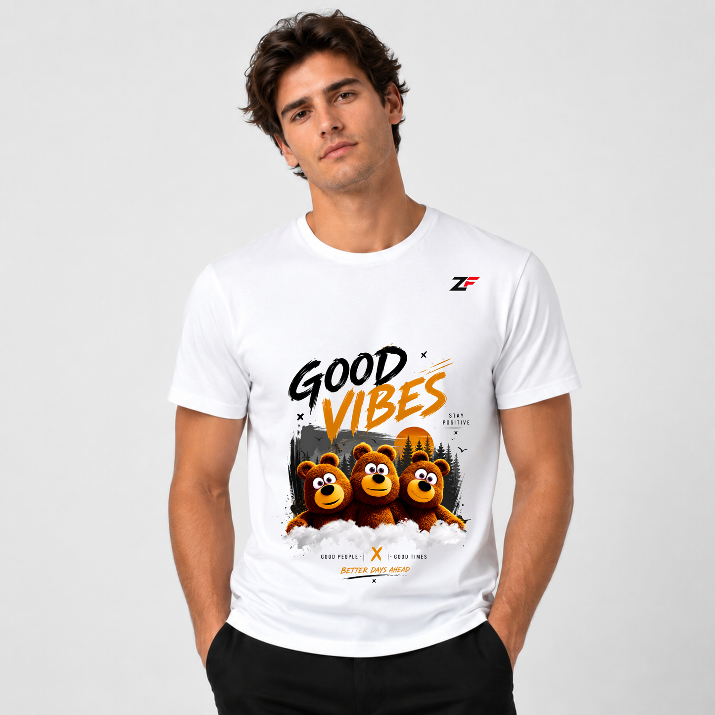 Good Vibes Bear T-Shirt | Stay Positive Cute Bear Graphic Printed White Tee