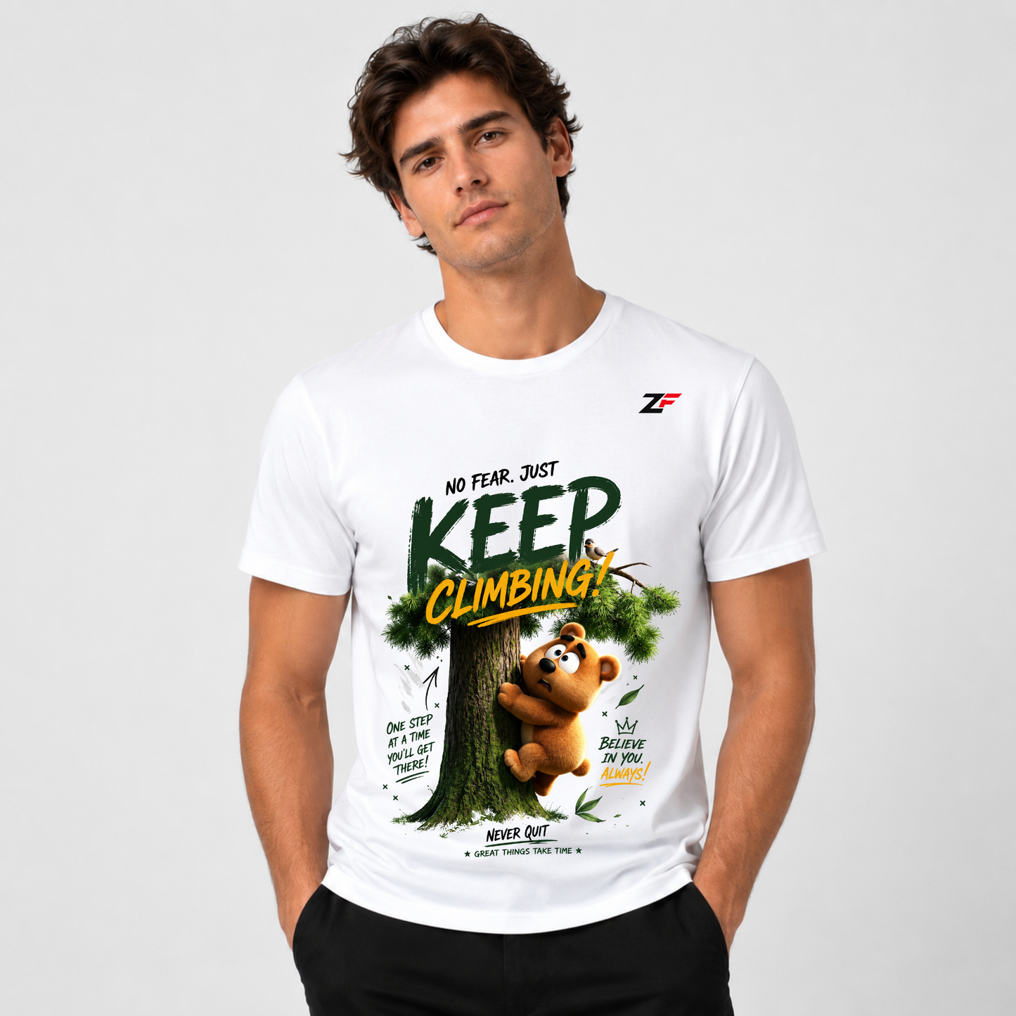 Keep Climbing Bear T-Shirt | No Fear Motivational Graphic White Tee
