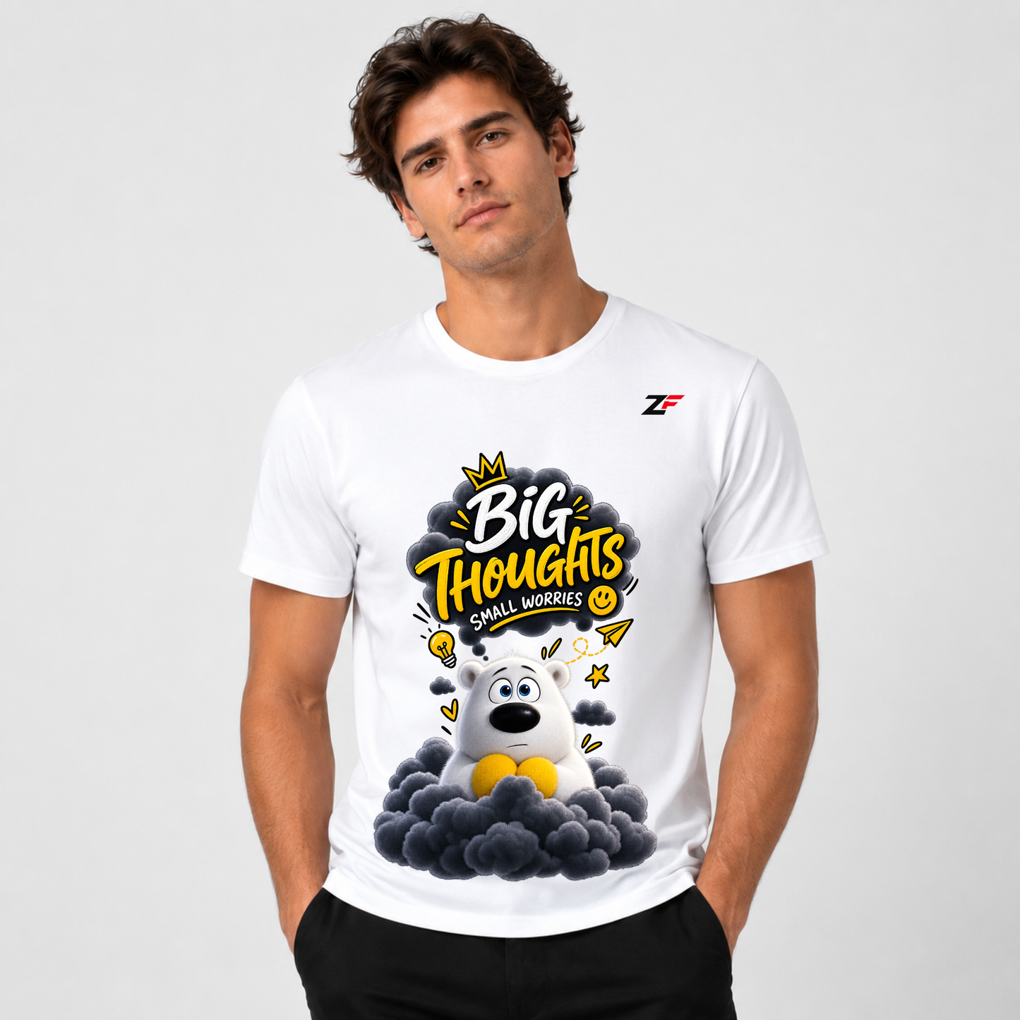 Big Thoughts Small Worries T-Shirt | Cute Bear Graphic White Tee