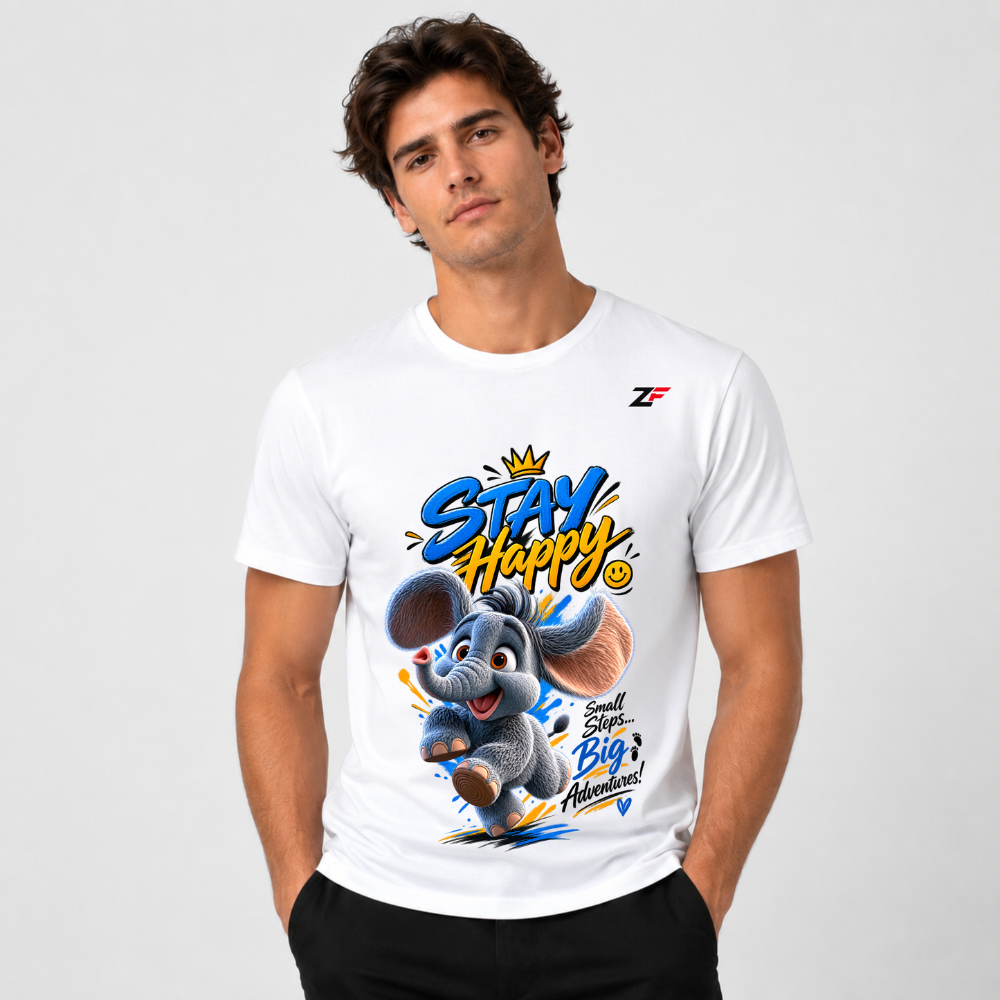 Stay Happy Elephant T-Shirt – Cute Motivational Graphic Tee