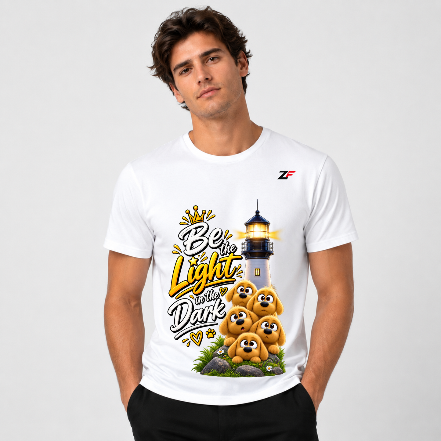 Be the Light in the Dark Dog Graphic T-Shirt – Inspirational Puppy Printed Tee