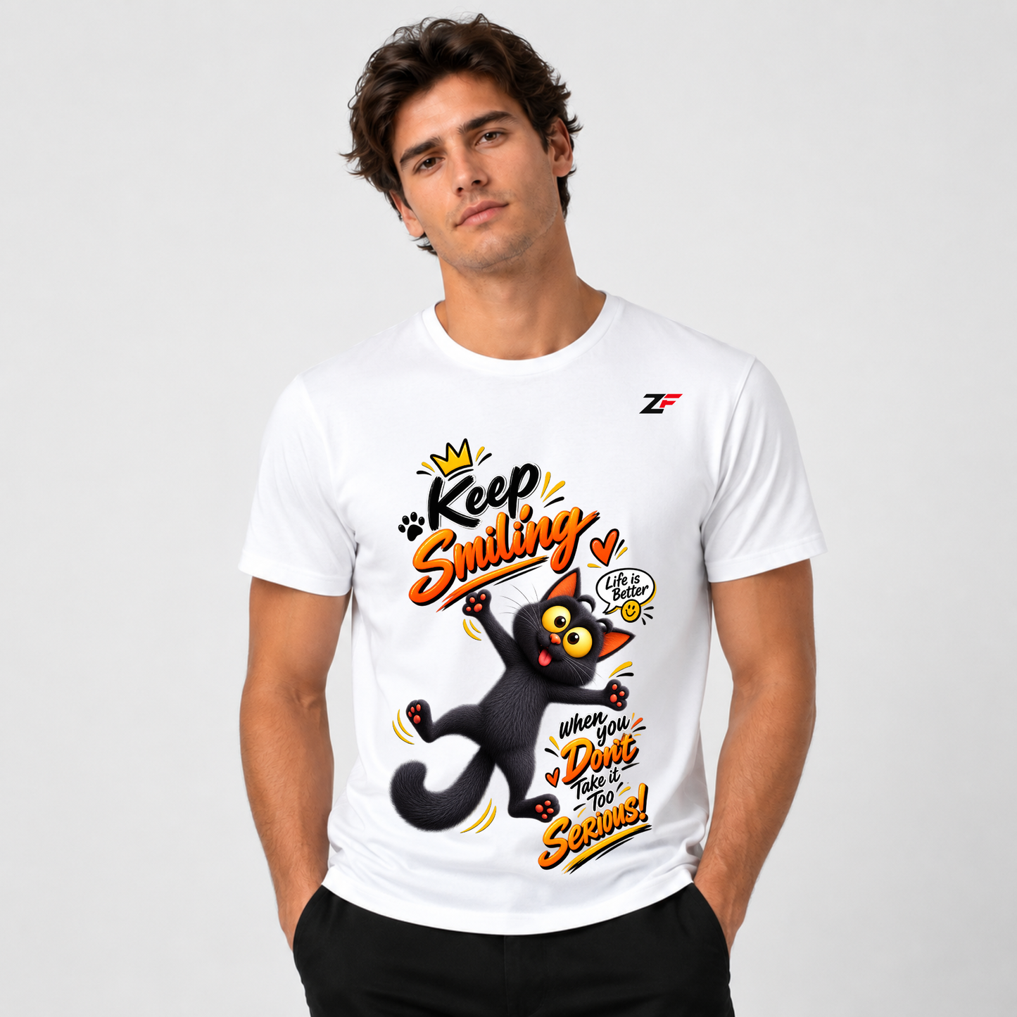 Keep Smiling Cat Graphic T-Shirt – Life Is Better Fun Printed Tee