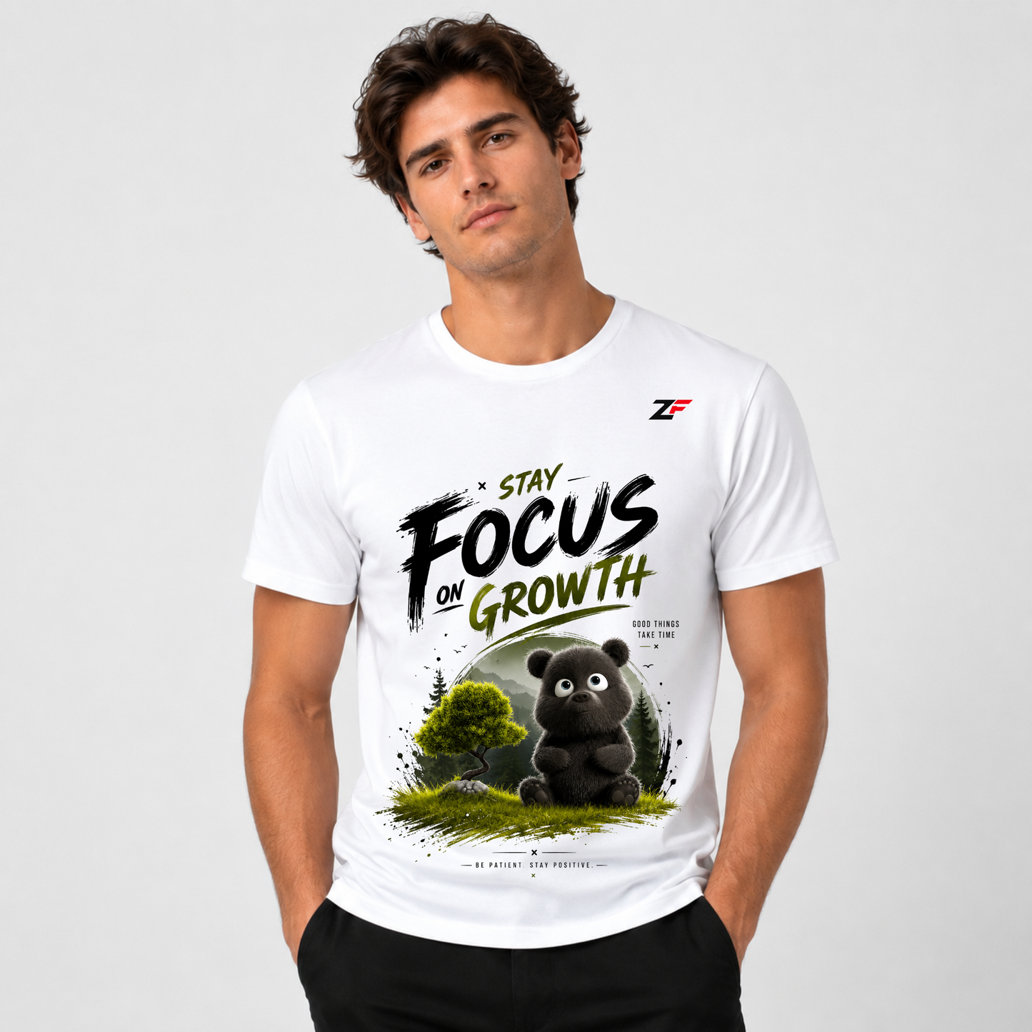 Stay Focus on Growth T-Shirt | Motivational Bear Graphic White Tee