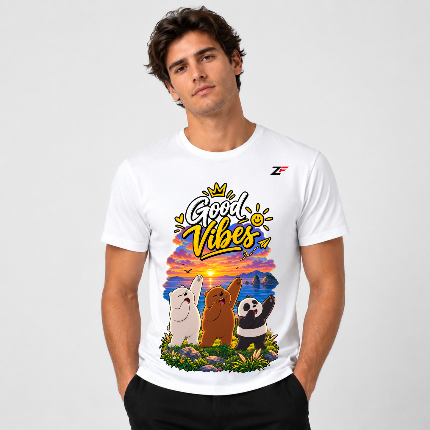 Good Vibes Bear T-Shirt | Cute Panda & Bear Sunset Graphic Printed Tee
