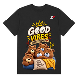 Good Vibes Better Naps T-Shirt | Cute Sleeping Bear Graphic Printed Black Tee