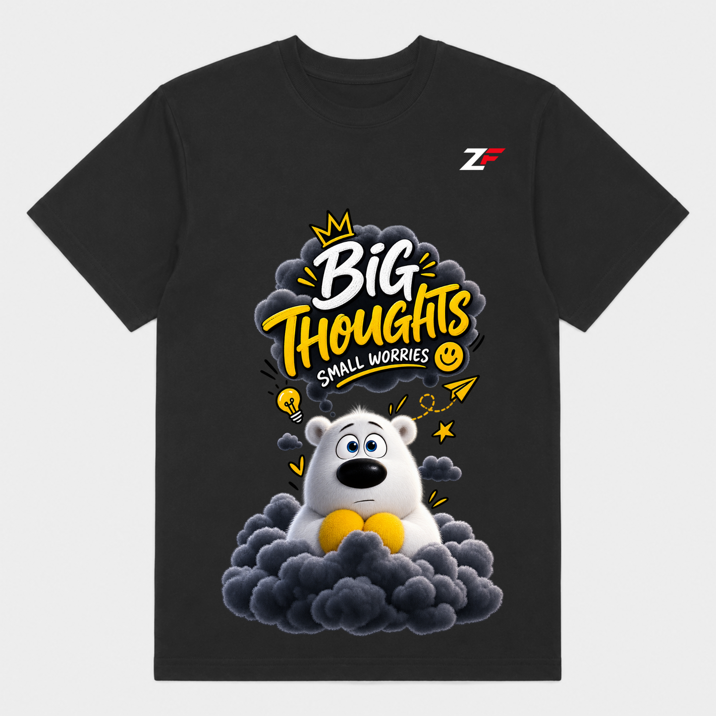 Big Thoughts Small Worries T-Shirt | Cute Bear Graphic White Tee