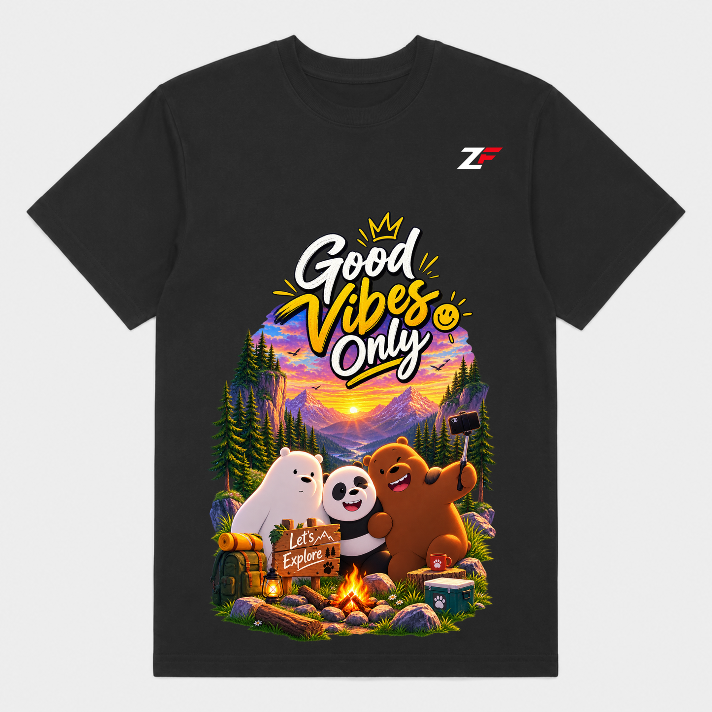 Good Vibes Only T-Shirt | Cute Bear Adventure Graphic White & Black Tee