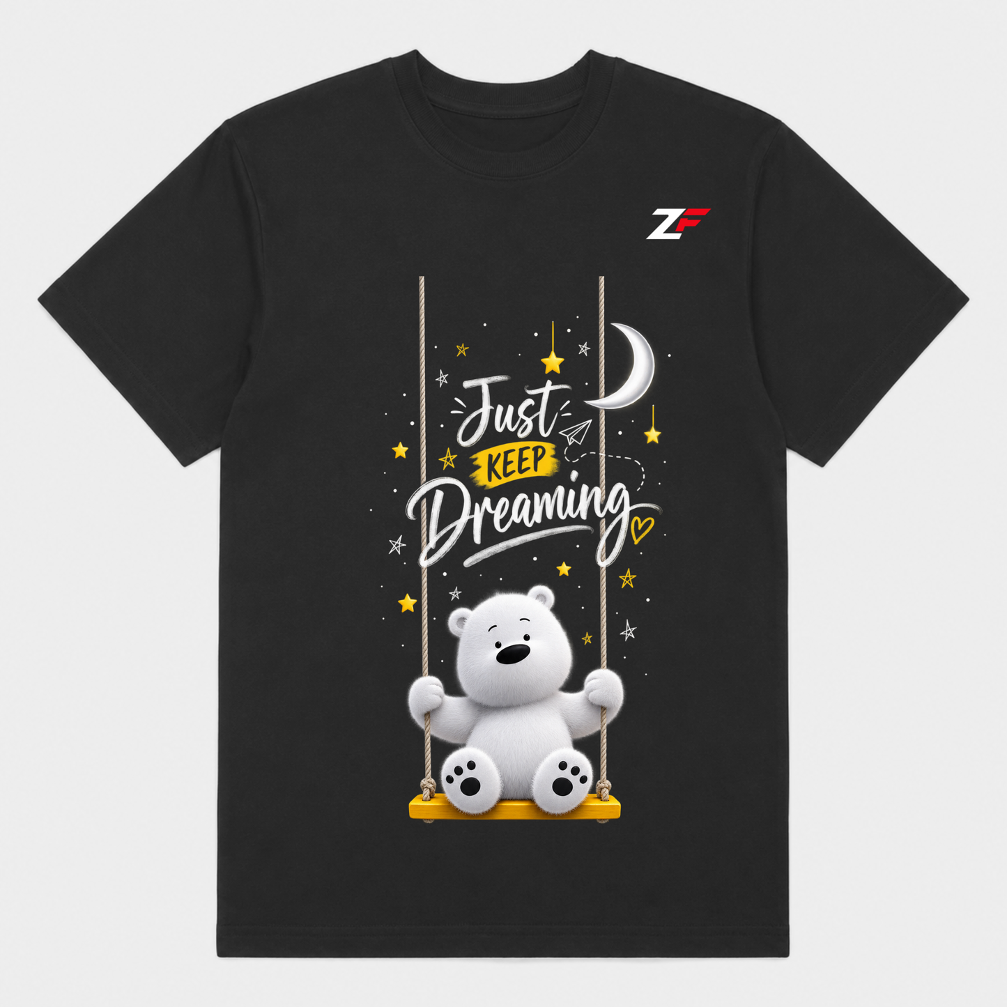 Just Keep Dreaming Bear T-Shirt | Cute Motivational Graphic Printed Black Tee