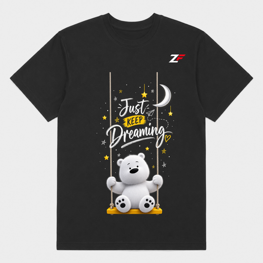 Just Keep Dreaming Bear T-Shirt | Cute Motivational Graphic Printed Black Tee